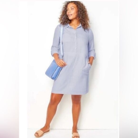 J. Jill Rain Drop Linen Blend Roll Sleeve Button Down Shift Dress - Picture 1 of 10